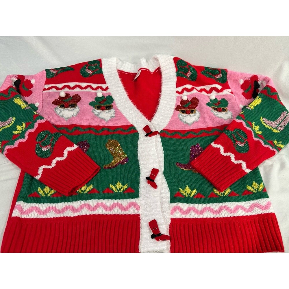 Holiday Time Cowboy Santa Ugly Christmas Sweater Cardigan M 8-10 Sequin Boots